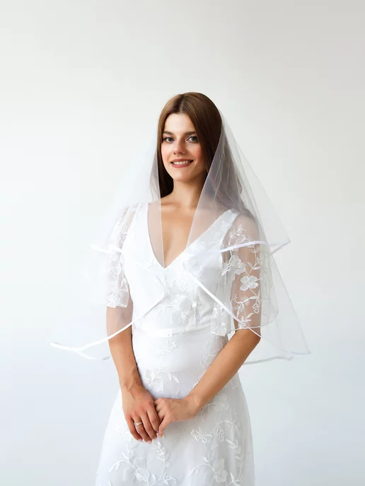 Romantic Wedding Фата свадебная с атласной бейкой кантом на гребне, белый, фото 2