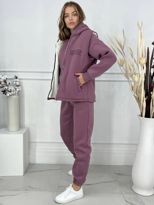 HD SHOP Тройка тёплый костюм на флисе, розовый, фото 2