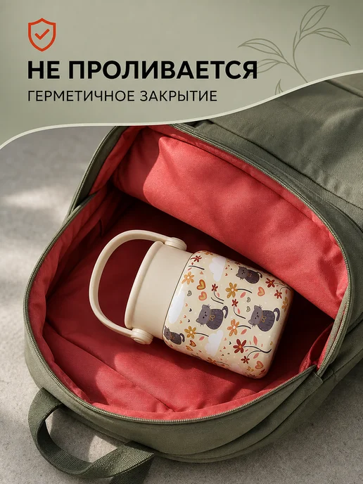 Термос для еды 0.5 литра с широким горлом детский в школу, бежевый, фото 5