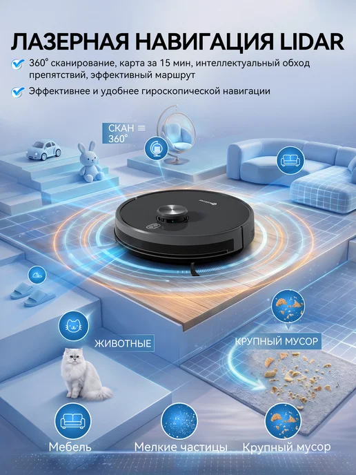 Neatsvor Робот пылесос с влажной уборкой X600, LiDAR, Алиса, черный, фото 2