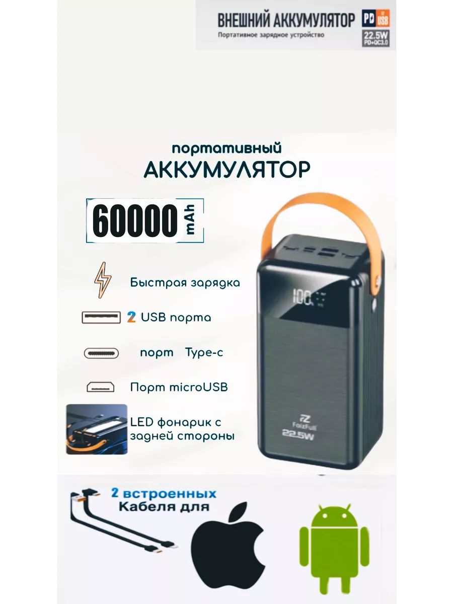 Повербанк 60000 mah Power bank супер быстрой зарядкой 22.5W Wirmon  193223812 купить за 2 365 ₽ в интернет-магазине Wildberries