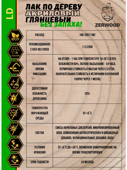 Zerwood Лак акриловый по дереву глянцевый с воском (0,9кг), 900 г, фото 3