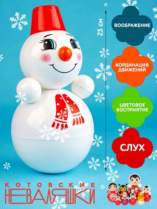 Котовские неваляшки Неваляшка музыкальная для малышей игрушка качалка Снеговик, белый, фото 2