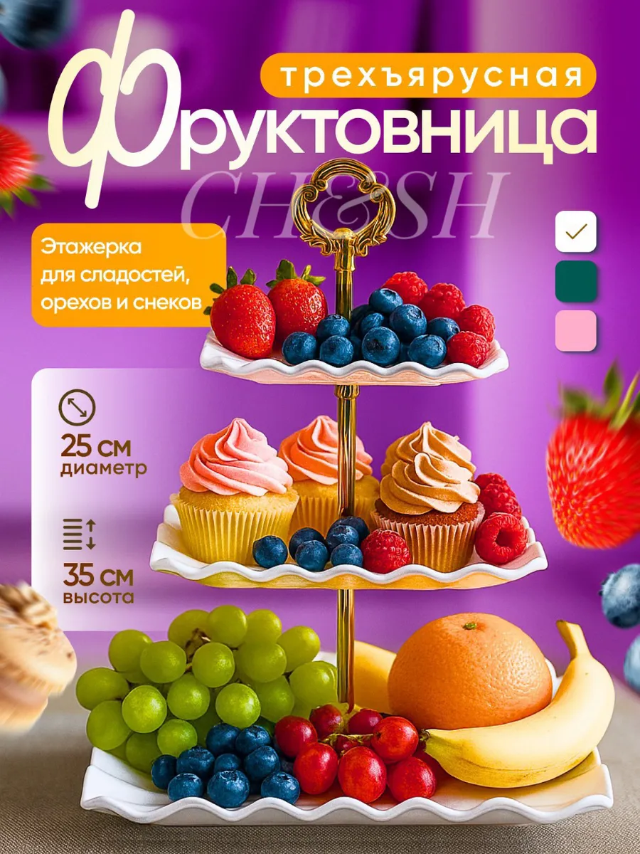 Фруктовница трехъярусная этажерка для фруктов пластик