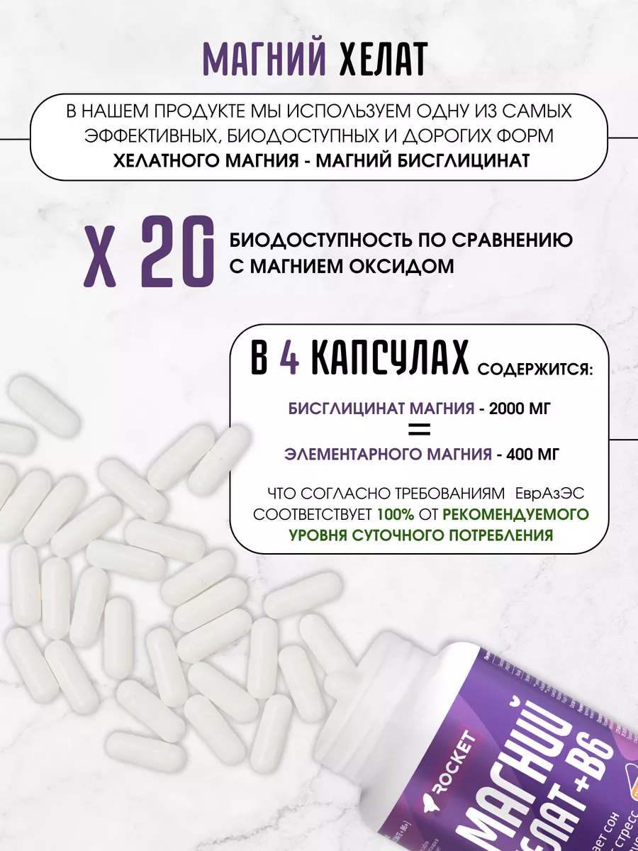 Магний Хелат бисглицинат B6, БАД о стресса, для сна ROCKET Pharmaceuticals  195282693 купить за 594 ₽ в интернет-магазине Wildberries