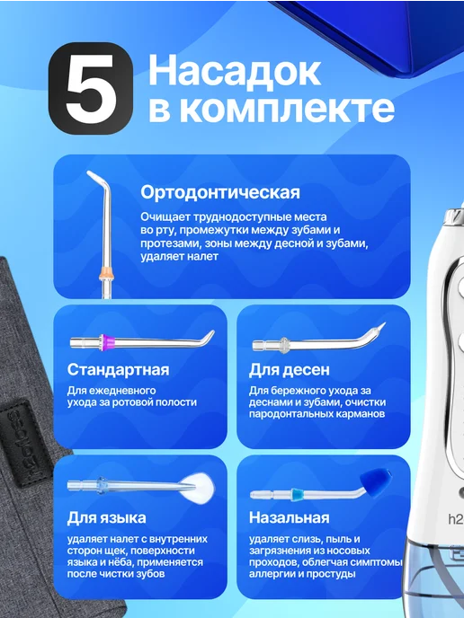 h2ofloss Ирригатор для зубов портативный с насадками, вариант, фото 4