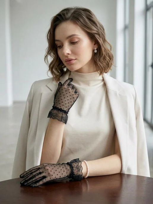 LERAYSENSE Перчатки черные эластичные сетка кружево, черный, фото 3