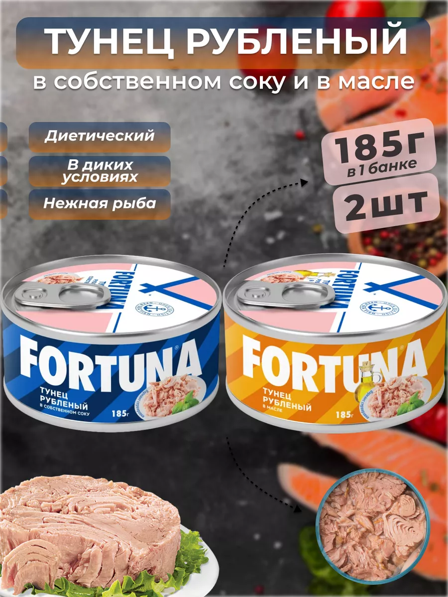 Тунец рубленый в собственном соку + масле 2шт по 185г Fortuna. 196354805  купить за 564 ₽ в интернет-магазине Wildberries