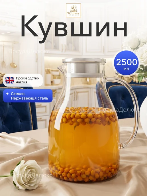 Wilmax Кувшин 2,4 л с крышкой + сетка нерж Термостекло, 2,5 л
