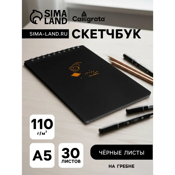 Скетчбук А5, 24 черных листов, плотность 110 гр, 1 шт, МИКС