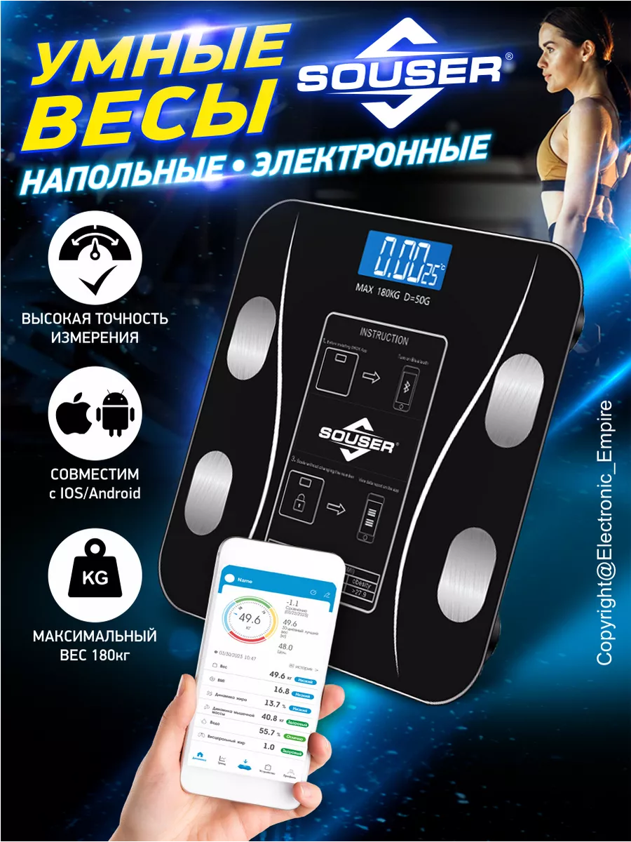 Электронные напольные весы с приложением для дома 180 кг.