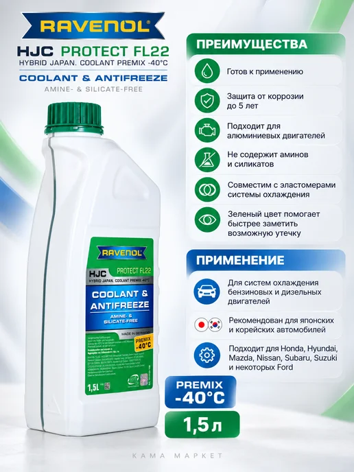 RAVENOL HJC Protect FL22 антифриз зелёный готовый 1.5 л, 1,5 л, фото 3