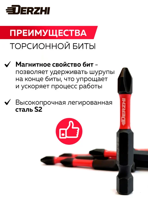 DERZHI Набор бит для шуруповерта Ph2 L50 мм, торсионные, 10 шт, 2 л, 10 шт, фото 4