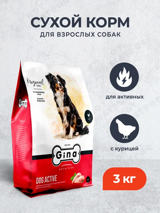 Сухой корм Gina Активных для собак, взрослые, курица, 3 кг