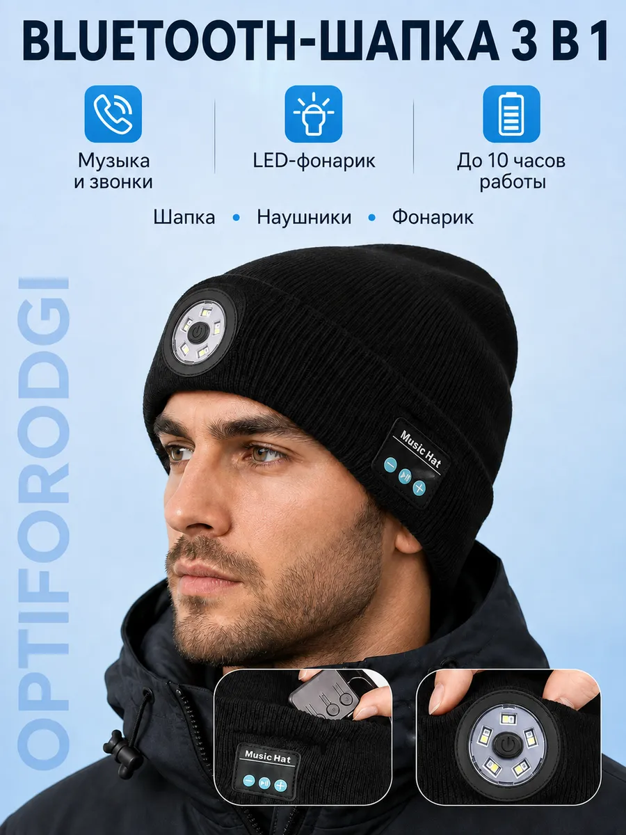 Шапка с фонариком и беспроводными Bluetooth-наушниками