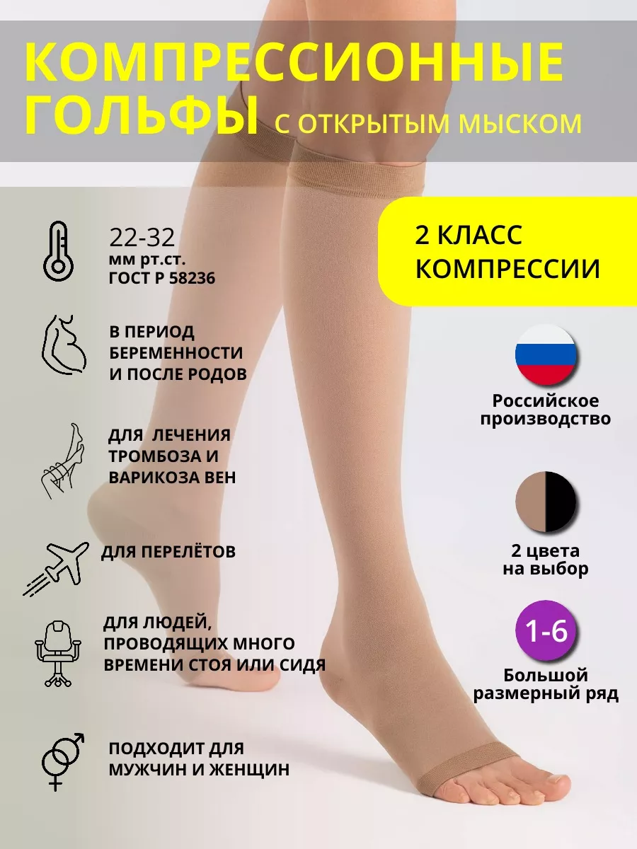 Компрессионные гольфы 2 класс с открытым мысом - 1 пара