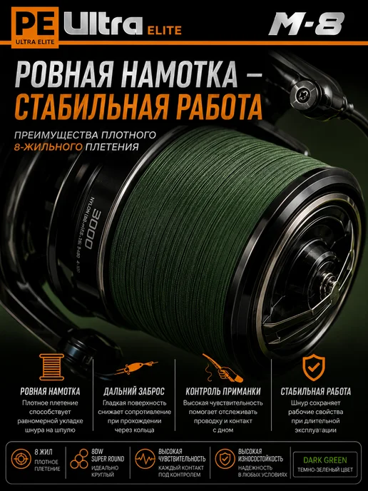 Aqua Плетеный шнур PE Ultra Elite M-8 150m 0.60mm 53.1kg 2шт, 28,5 кг, 2 шт, фото 5