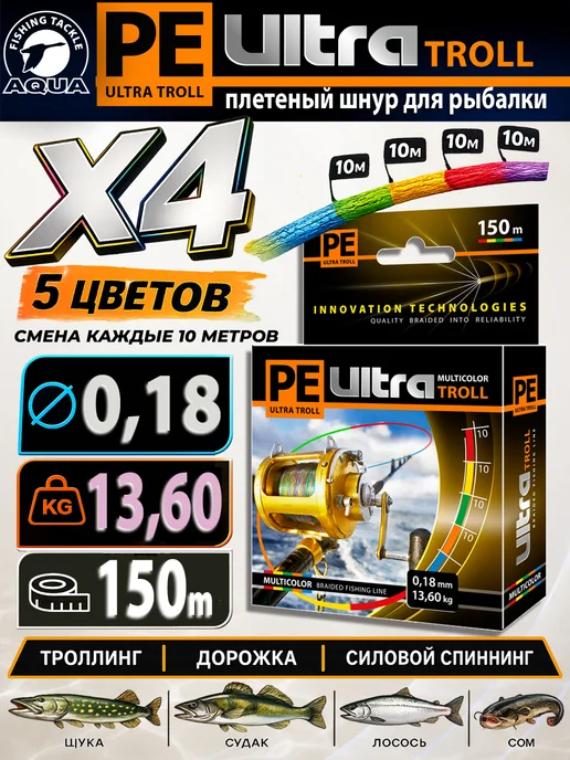 Aqua Плетеный шнур для рыбалки PE Ultra Troll 150m 0.18mm 13.6kg, 13,6 кг