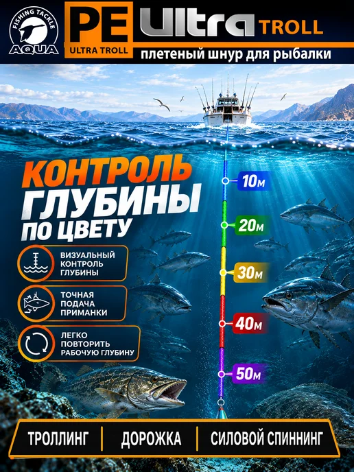 Aqua Плетеный шнур для рыбалки PE Ultra Troll 150m 0.18mm 13.6kg, 13,6 кг, 2 шт, фото 8