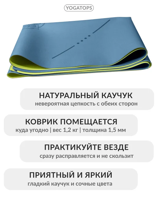Yogatops УЛЬТРАцепкий легкий тонкий 100%-каучук коврик для йоги, синий, фото 2