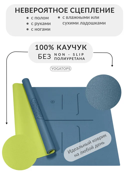 Yogatops УЛЬТРАцепкий легкий тонкий 100%-каучук коврик для йоги, синий, фото 3