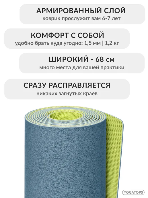 Yogatops УЛЬТРАцепкий легкий тонкий 100%-каучук коврик для йоги, синий, фото 4