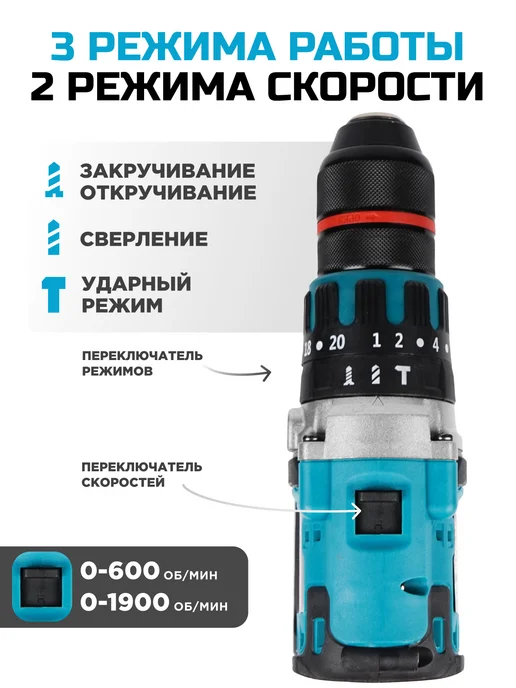 BIYOTI Дрель-шуруповерт аккумуляторный ударный, синий, фото 3