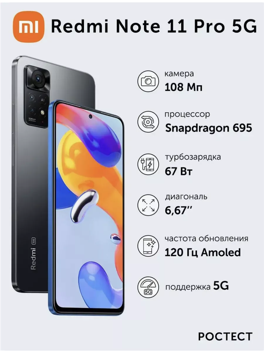 Смартфон Xiaomi Redmi Note 11 Pro 5G NFC 8+128Gb серый TechUp 197759150  купить в интернет-магазине Wildberries