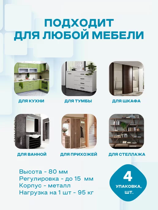 MAGTRADE Опора мебельная с регулировкой - 80 мм - 4 шт, 4 шт, фото 4