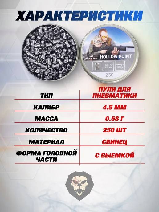 Borner Air Pistols Пули пневматические Hollow Point 4.5 мм 250 шт, 0.58 грамм, 250 шт, фото 2