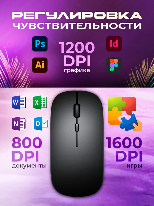 Homeets Мышка беспроводная компьютерная для ноутбука с подсветкой, черный, фото 3