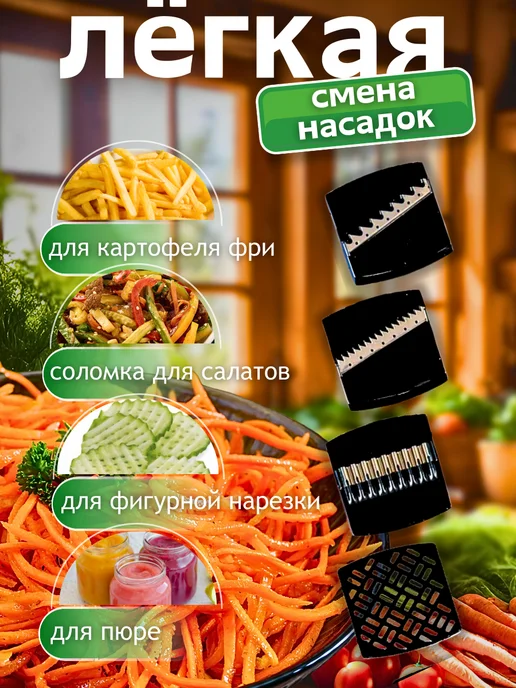 ЛюбимыйУютныйДом Овощерезка-терка для корейской моркови с сменными насадками, черный, фото 4