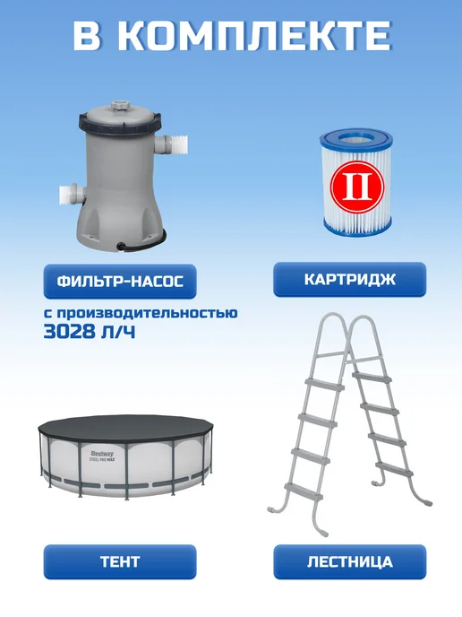 Bestway Бассейн каркасный с тентом и насосом 15232 л Steel Pro Max, 15232 л, фото 2