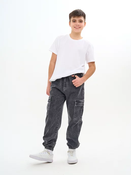Bear Jeans Джинсы на резинке подростковые джоггеры школьные, серый, фото 2