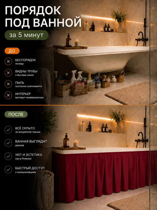 COSA PER LA CASA Экран под ванну тканевый 155х52 бордо, 155x52, фото 2