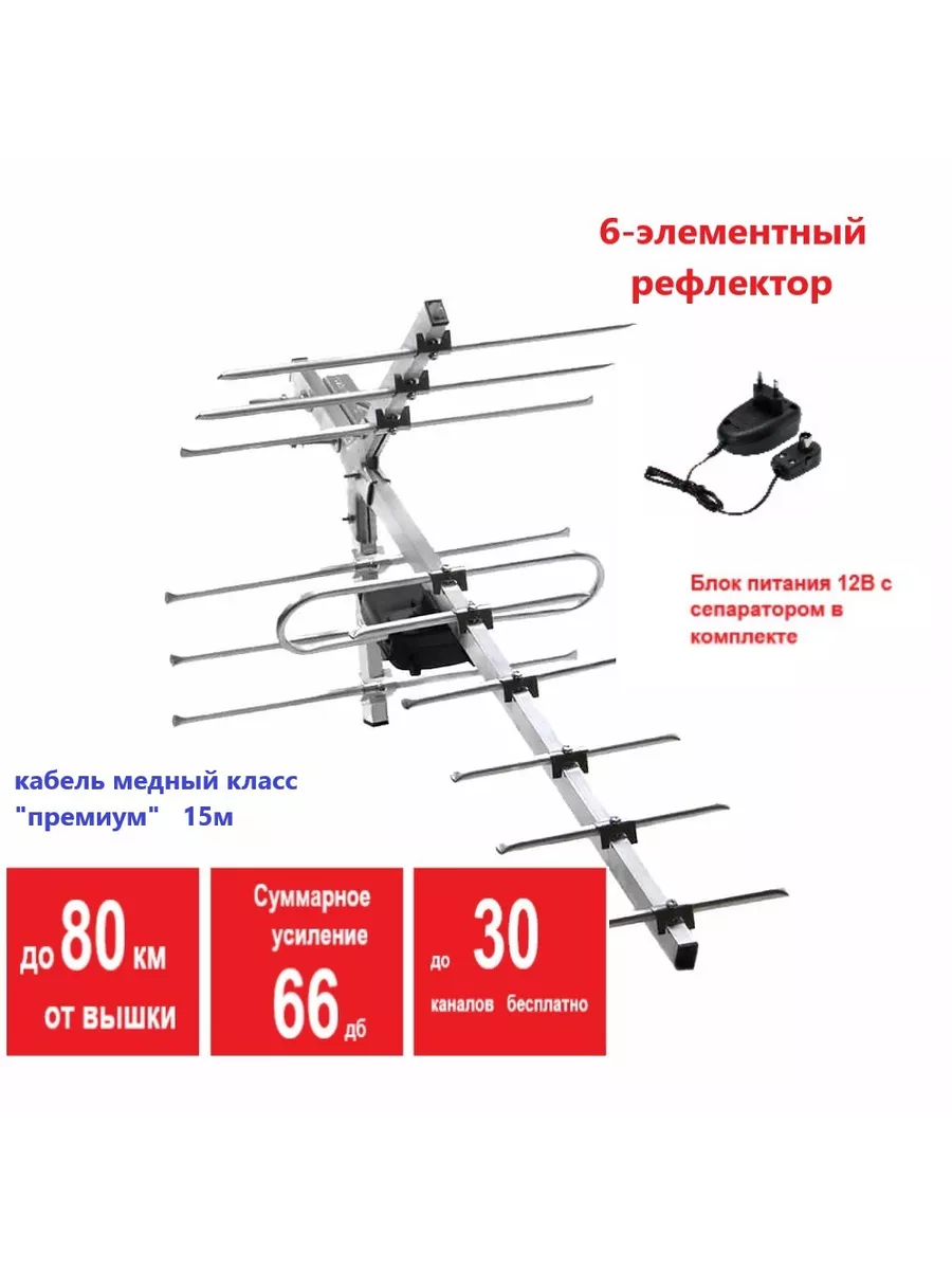 Эфирная ТВ антенна Мир 12 +15м (до 80км) активная 198246757 купить в  интернет-магазине Wildberries