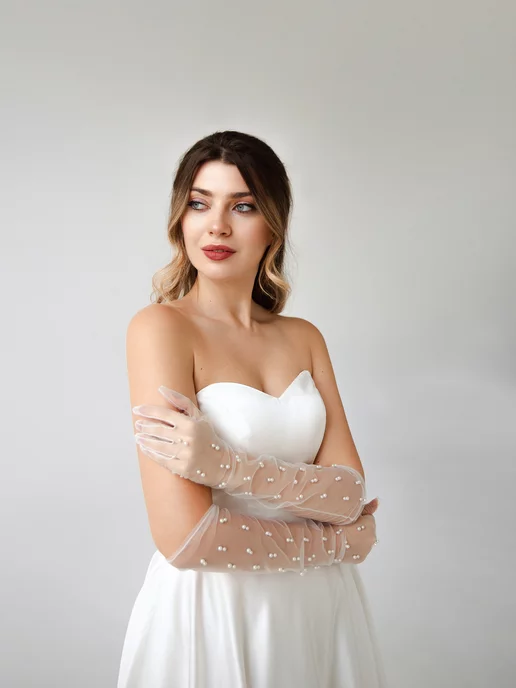 Romantic Wedding Фатиновые длинные перчатки с россыпью жемчуга свадебные, белый, фото 2