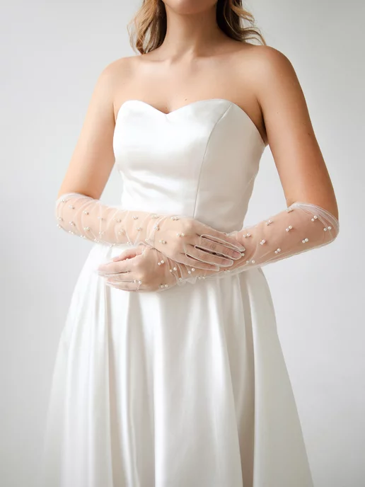 Romantic Wedding Фатиновые длинные перчатки с россыпью жемчуга свадебные, белый, фото 5