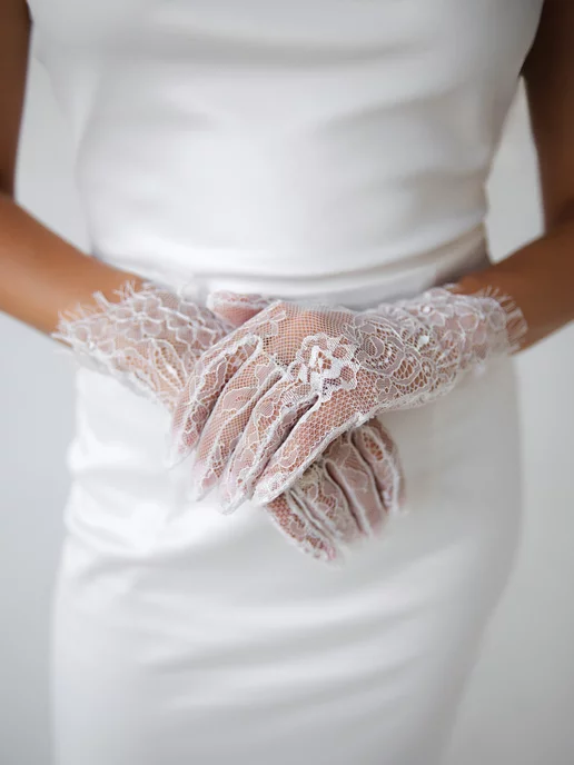 Romantic Wedding Белые короткие гипюровые кружевные перчатки свадебные, белый, фото 2