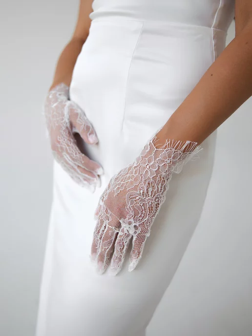Romantic Wedding Белые короткие гипюровые кружевные перчатки свадебные, белый, фото 3