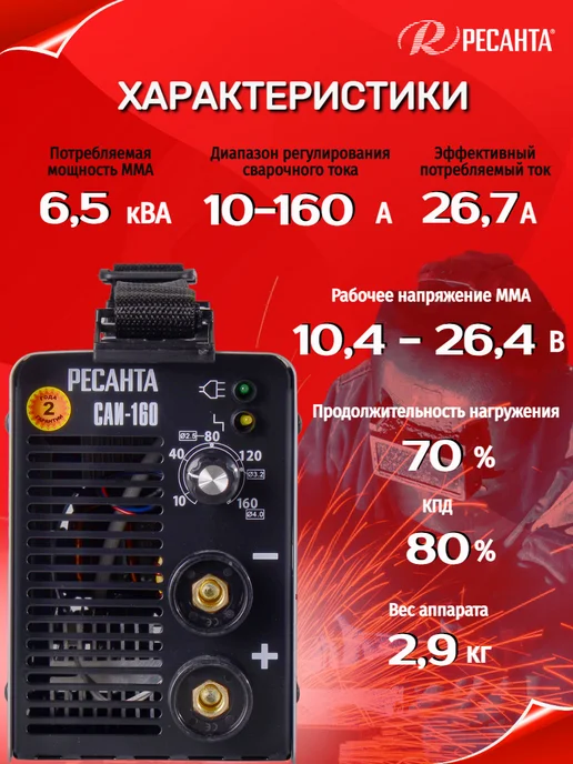 РЕСАНТА Сварочный аппарат инверторный САИ-160А, черный, фото 2