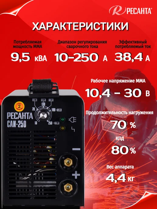 РЕСАНТА Сварочный аппарат инверторный САИ-250, черный, фото 2