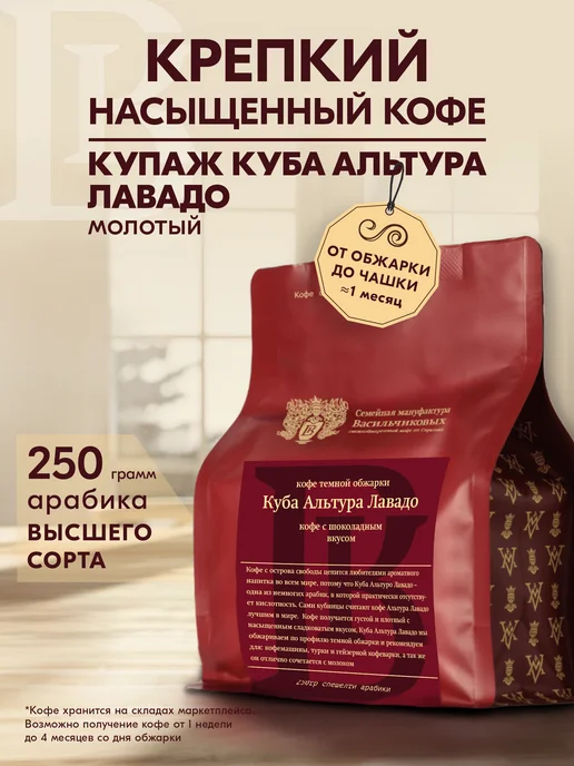 Васильчиковы Кофе Кофе молотый Куба Альтура Лавадо 250гр арабика 100%, 250 г