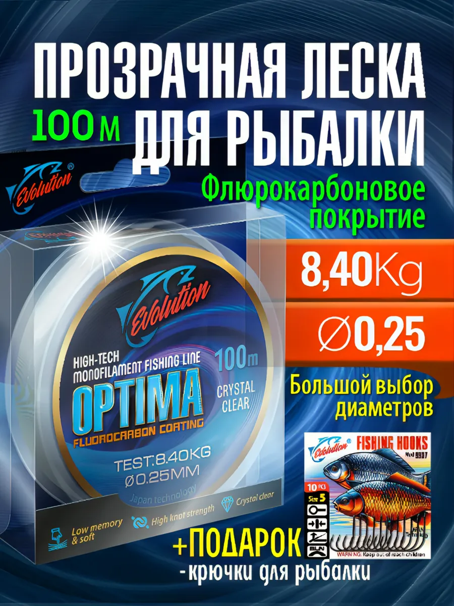 Леска летняя рыболовная 0,25мм прозрачная, флюрокарбон