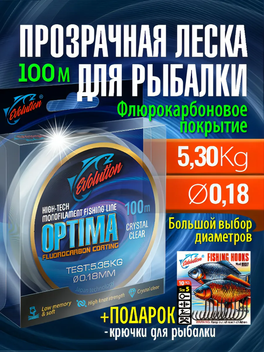 Леска рыболовная на карася 0,18мм прозрачная, флюрокарбон