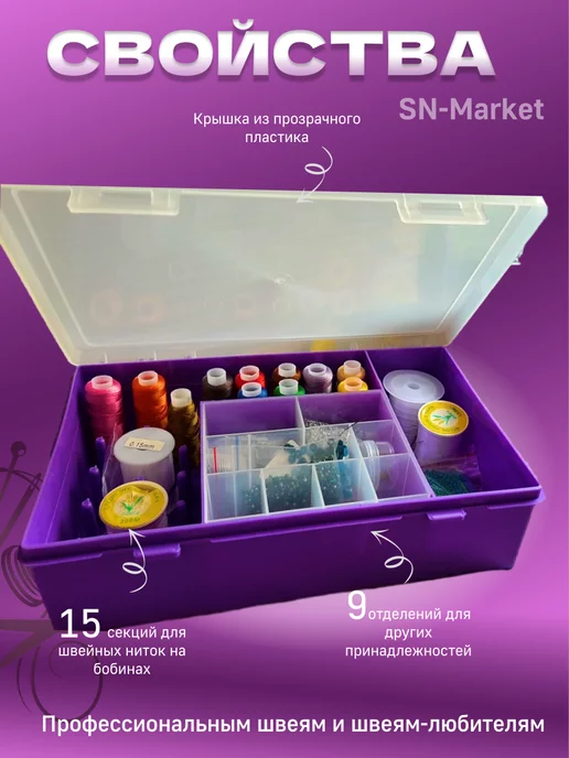 SN-Market Органайзер для хранения ниток прозрачный, фиолетовый, фото 3