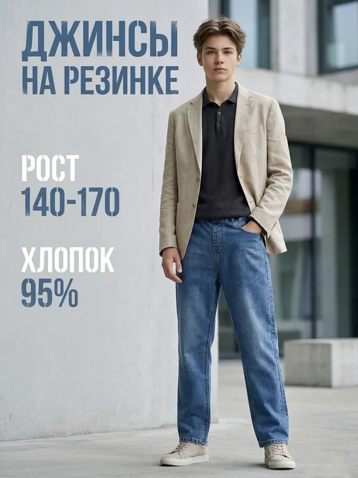 MOYABERUA Джинсы подростковые на резинке, синий, фото 5