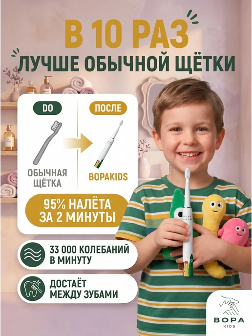 Bopakids Детская электрическая зубная щетка розовая с динозавром, зеленый, фото 7