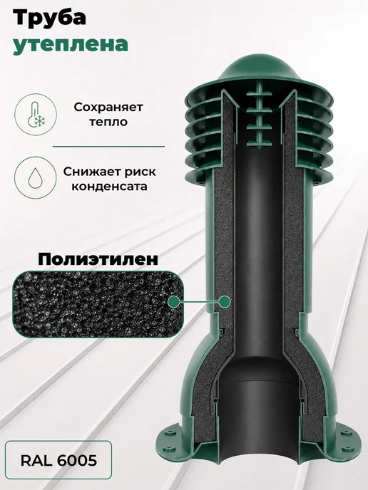 viotto Труба вентиляционная 110мм утеплённая для мягкой кровли 6005, зеленый, фото 8