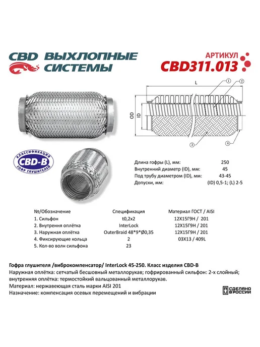 CBD Гофра (сильфон) глушителя 45х250 мм InterLock, 45x250 мм